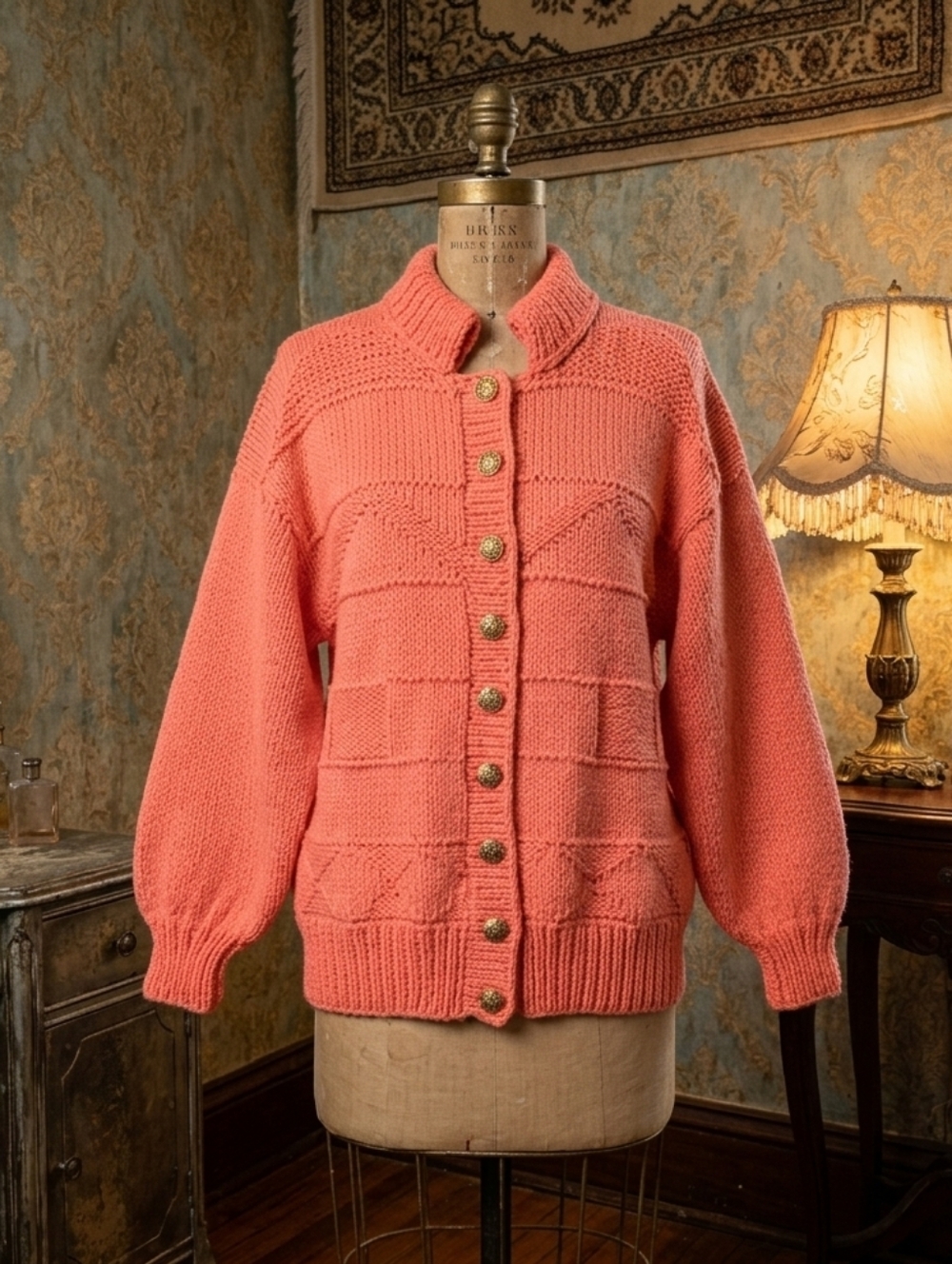 Vintage 1980s Handmade Chunky Knit Cardigan | Balloon Sleeves | Coral Pink